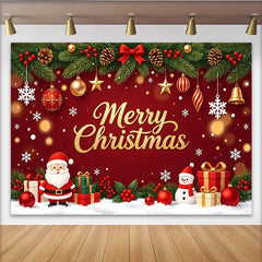 Lofaris Golden Glitter Merry Christmas Backdrop with Santa Claus and Snowman, Festive Red Holiday Background for Winter Party Decoration