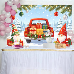 Lofaris Cute Christmas Holiday Backdrop with Gnomes, Red Truck and Gifts, Snowy Winter Wonderland Background for Festive Party Decoration