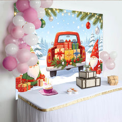 Lofaris Cute Christmas Holiday Backdrop with Gnomes, Red Truck and Gifts, Snowy Winter Wonderland Background for Festive Party Decoration
