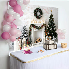 Lofaris Festive Christmas Fireplace Backdrop with Snow Trees and Reindeer, Elegant Winter Holiday Background for Family Photos and Party
