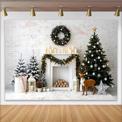Lofaris Festive Christmas Fireplace Backdrop with Snow Trees and Reindeer, Elegant Winter Holiday Background for Family Photos and Party