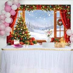 Lofaris Cozy Christmas Tree Backdrop with Gifts and Snowy Window View, Festive Holiday Background for Winter Party Decor