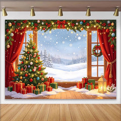 Lofaris Cozy Christmas Tree Backdrop with Gifts and Snowy Window View, Festive Holiday Background for Winter Party Decor