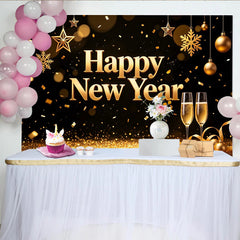 Lofaris Gold Glitter Happy New Year Backdrop with Champagne Glasses and Stars, Festive Party Background for Celebration Photography