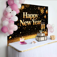 Lofaris Gold Glitter Happy New Year Backdrop with Champagne Glasses and Stars, Festive Party Background for Celebration Photography