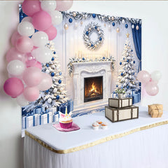 Lofaris Elegant Blue and White Christmas Tree Backdrop with Fireplace and Gifts, Luxurious Winter Holiday Background for Festive Photography