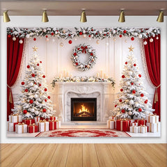Lofaris Snowy Christmas Tree Fireplace Backdrop, Red and Gold Ornaments, Luxurious Winter Holiday Background for Family Photoshoot