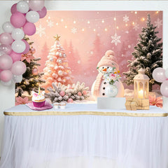 Lofaris Whimsical Pink Christmas Backdrop with Snowman and Snowy Trees, Winter Wonderland Photo Background for Holiday Party Decor