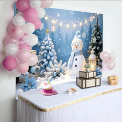Lofaris Snowy Winter Christmas Backdrop with Cute Snowman and Blue Trees, Festive Holiday Background for Family Photoshoot and Party Decor
