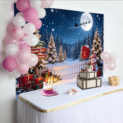 Lofaris Snowy Christmas Forest Backdrop with Santa Sleigh and Reindeer, Winter Wonderland Photo Background for Holiday Party Decor