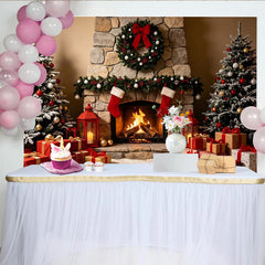 Lofaris Cozy Christmas Fireplace Backdrop with Decorated Trees and Gifts, Festive Holiday Background for Family Photoshoot