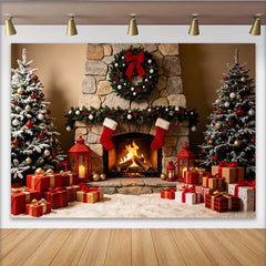 Lofaris Cozy Christmas Fireplace Backdrop with Decorated Trees and Gifts, Festive Holiday Background for Family Photoshoot