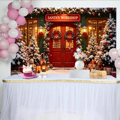 Lofaris Santa's Workshop Christmas Backdrop, Snowy Trees and Red Doors Festive Winter Holiday Photography Background Decor