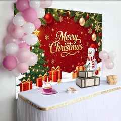 Lofaris Vibrant Merry Christmas Backdrop with Snowman, Tree and Gifts, Festive Holiday Background for Winter Party Decor and Photoshoot