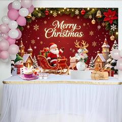 Lofaris Vibrant Red Christmas Backdrop with Santa Claus, Reindeer, Snowman, and Snowy Village, Holiday Party Photography Background