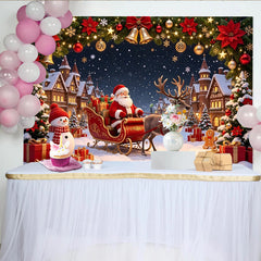 Lofaris Snowy Christmas Village Backdrop with Santa, Reindeer and Sleigh, Festive Winter Holiday Background for Party Decor and Photoshoot.