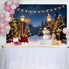 Lofaris Snowy Christmas Backdrop with Decorated Trees, Snowmen and Reindeer, Merry Christmas Winter Wonderland for Holiday Party Decor