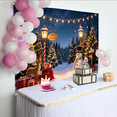 Lofaris Snowy Christmas Backdrop with Decorated Trees, Snowmen and Reindeer, Merry Christmas Winter Wonderland for Holiday Party Decor