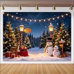 Lofaris Snowy Christmas Backdrop with Decorated Trees, Snowmen and Reindeer, Merry Christmas Winter Wonderland for Holiday Party Decor