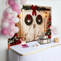 Lofaris Rustic Christmas Barn Door Backdrop with Decorated Trees and Red Bows, Festive Holiday Decor Background for Family Photos