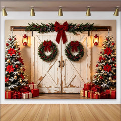 Lofaris Rustic Christmas Barn Door Backdrop with Decorated Trees and Red Bows, Festive Holiday Decor Background for Family Photos