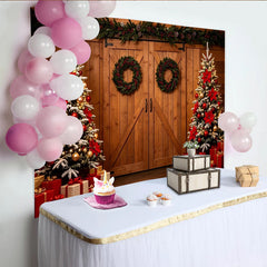 Lofaris Rustic Barn Door Christmas Backdrop with Decorated Trees, Festive Holiday Photography Background for Winter Party Decor