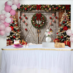 Lofaris Snowy Christmas Tree and Wreath Holiday Backdrop, Rustic Wooden Door Background for Winter Party