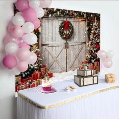 Lofaris Snowy Christmas Tree and Gift Boxes Holiday Backdrop, Rustic Barn Door Winter Photography Background