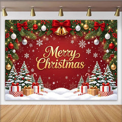 Lofaris Red Christmas Backdrop with Golden Merry Christmas Text, Snowflakes, Pine Trees and Gifts, Festive Holiday Photo Prop