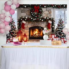 Lofaris Cozy Christmas Fireplace Backdrop with Decorated Trees and Gifts, Festive Winter Holiday Scene Background for Family Photos