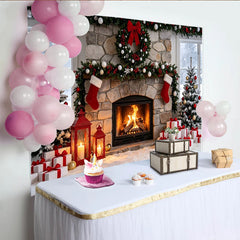 Lofaris Cozy Christmas Fireplace Backdrop with Decorated Trees and Gifts, Festive Winter Holiday Scene Background for Family Photos