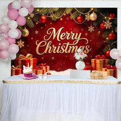 Lofaris Golden Merry Christmas Backdrop with Red Ornaments, Pine Branches and Gift Boxes, Festive Holiday Decor for Photography