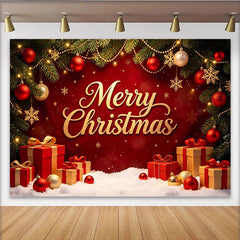Lofaris Golden Merry Christmas Backdrop with Red Ornaments, Pine Branches and Gift Boxes, Festive Holiday Decor for Photography