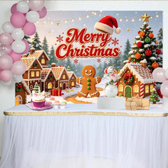 Lofaris Merry Christmas Gingerbread Village Backdrop with Snow and Santa Hat, Sweet Winter Wonderland Background for Holiday Party Decor