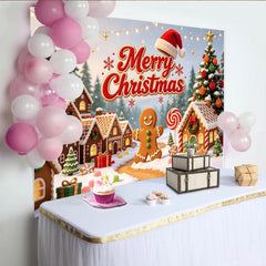 Lofaris Merry Christmas Gingerbread Village Backdrop with Snow and Santa Hat, Sweet Winter Wonderland Background for Holiday Party Decor