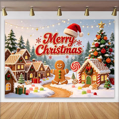 Lofaris Merry Christmas Gingerbread Village Backdrop with Snow and Santa Hat, Sweet Winter Wonderland Background for Holiday Party Decor