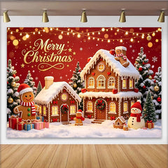 Lofaris Festive Gingerbread Christmas Backdrop with Snow and Lights, Cozy Winter Wonderland Background for Holiday Party Decor