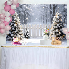 Lofaris Snowy Christmas Winter Wonderland Backdrop with Decorated Trees, Elegant Holiday Photo Background for Festive Party Decor
