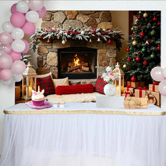 Lofaris Cozy Christmas Fireplace Backdrop with Decorated Tree and Presents, Festive Holiday Background for Family Photoshoot and Winter Decor