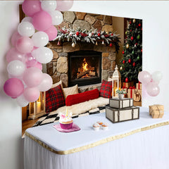 Lofaris Cozy Christmas Fireplace Backdrop with Decorated Tree and Presents, Festive Holiday Background for Family Photoshoot and Winter Decor