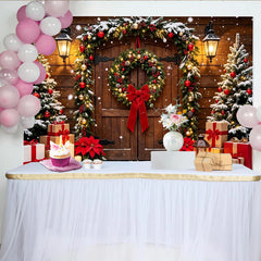 Lofaris Snowy Wooden Door Christmas Backdrop with Festive Wreath and Lights, Elegant Winter Holiday Background for Photoshoot