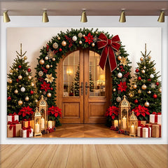 Lofaris Festive Christmas Backdrop with Arched Doorway, Green Garland, Red Bow and Poinsettias, Elegant Holiday Decor for Family Photoshoot