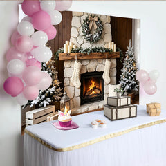 Lofaris Cozy Christmas Fireplace Backdrop with Flocked Trees and Stockings, Festive Winter Holiday Background for Photoshoot