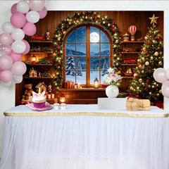 Lofaris Cozy Christmas Tree and Gifts Backdrop with Snowy Window View, Festive Holiday Decor for Winter Photography