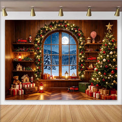 Lofaris Cozy Christmas Tree and Gifts Backdrop with Snowy Window View, Festive Holiday Decor for Winter Photography