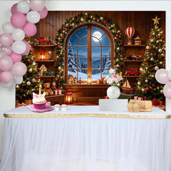 Lofaris Cozy Christmas Room Backdrop with Decorated Trees and Snowy Window, Festive Holiday Photography Background for Winter Decor