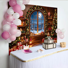 Lofaris Cozy Christmas Room Backdrop with Decorated Trees and Snowy Window, Festive Holiday Photography Background for Winter Decor