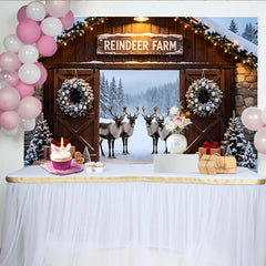 Lofaris Snowy Reindeer Farm Christmas Backdrop with Wreaths and Gingerbread, Winter Wonderland Photo Background for Holiday Party Decor