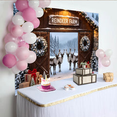 Lofaris Snowy Reindeer Farm Christmas Backdrop with Wreaths and Gingerbread, Winter Wonderland Photo Background for Holiday Party Decor