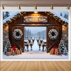 Lofaris Snowy Reindeer Farm Christmas Backdrop with Wreaths and Gingerbread, Winter Wonderland Photo Background for Holiday Party Decor